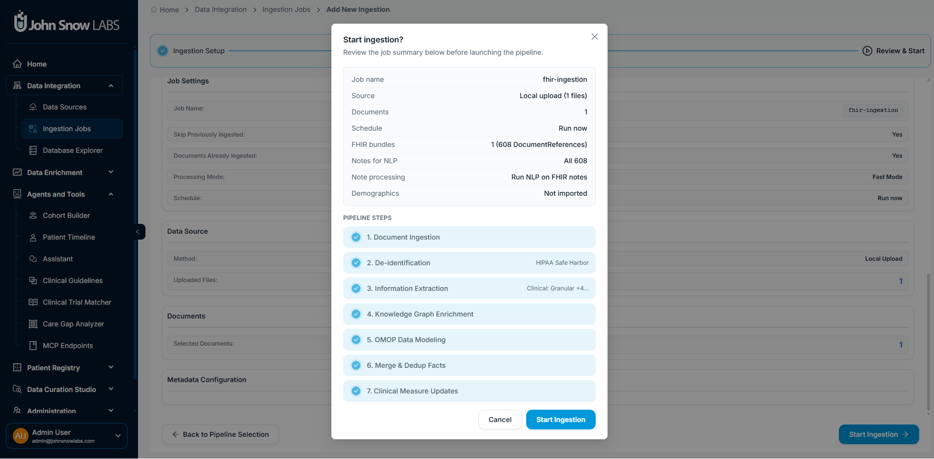 Final review screen showing job name, schedule, pipeline selection, and start button